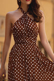 Brun Chiffong A-linje Halter Tea Längd Polka Dots Klänning