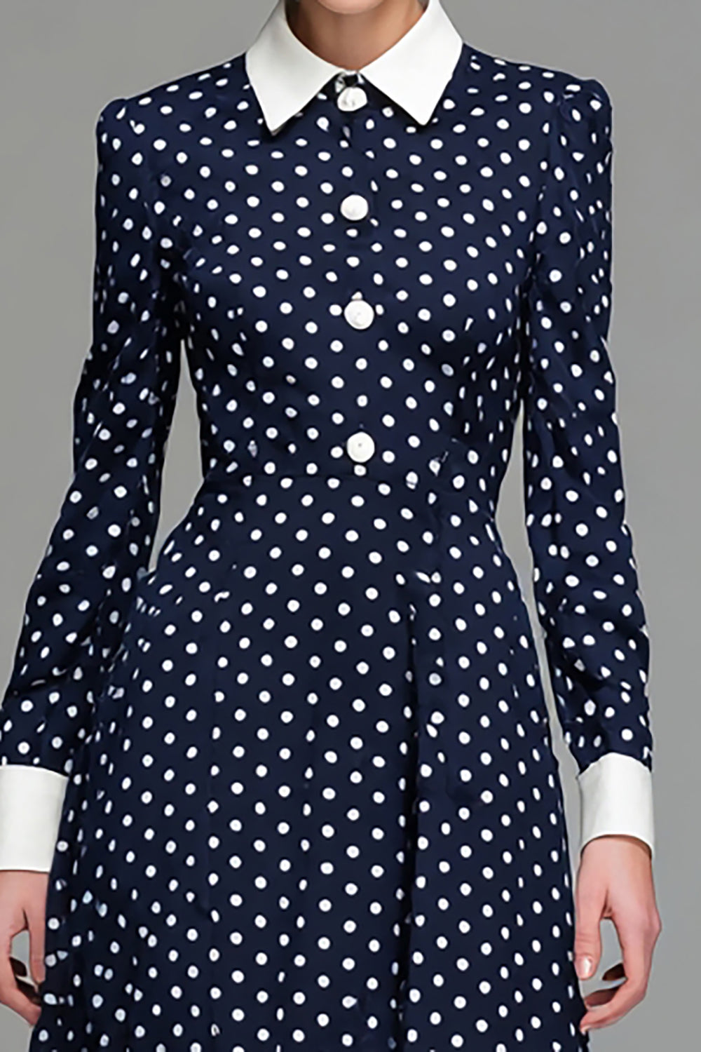 Marinblå Satin A-linje Långärmad Telängd Polka Dots Klänning