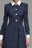Marinblå Satin A-linje Långärmad Telängd Polka Dots Klänning