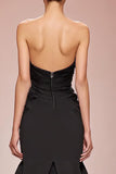 Svart Mermaid Satin Axelbandslös Lång Aftonklänning med Slits