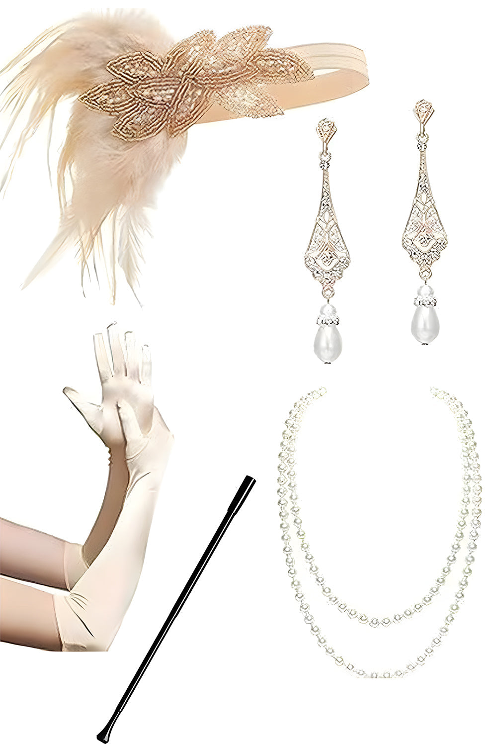 Champagne Fransade Paljetter 1920-talet Klänning med 5-Delat Tillbehörsset