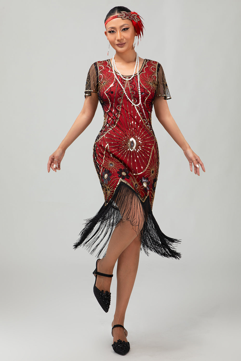 Gatsby Svart Röd Scoop Fransad Bodycon1920-talet Klänning med Paljetter