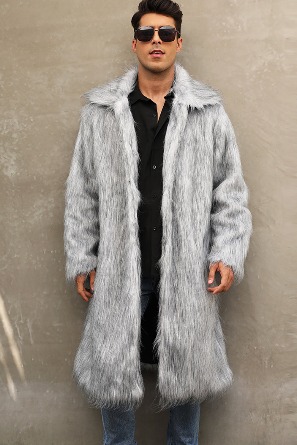 Vit Grå Lång Front Öppen Pikékrage Päls Coat