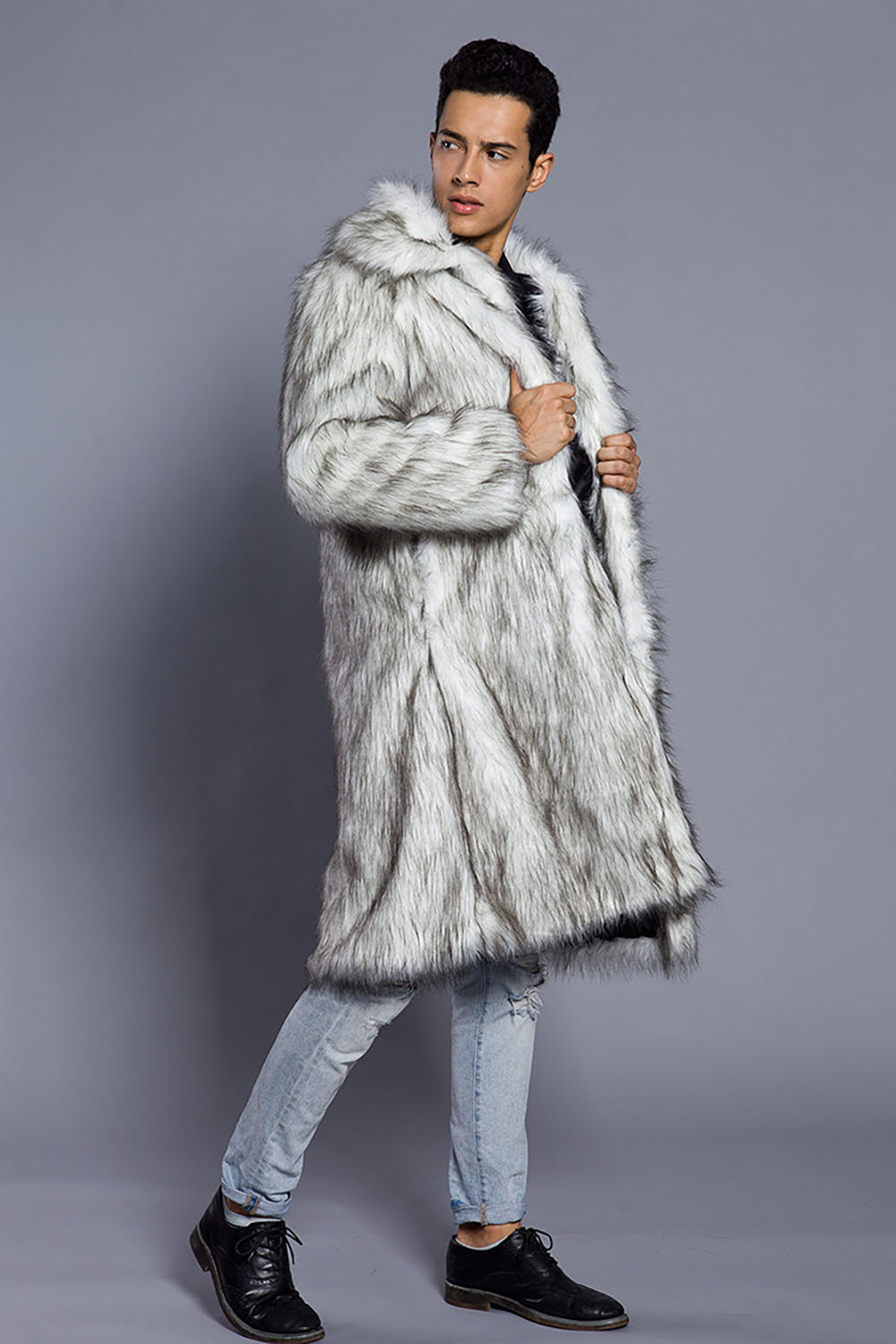 Vit Grå Lång Front Öppen Pikékrage Päls Coat