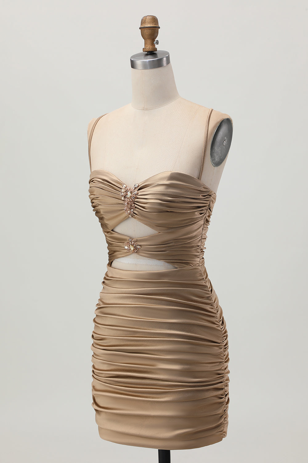 Mörk Khaki Rynkad Cut-Out Tight Mini Homecoming Klänning med Snörning Upp Tillbaka