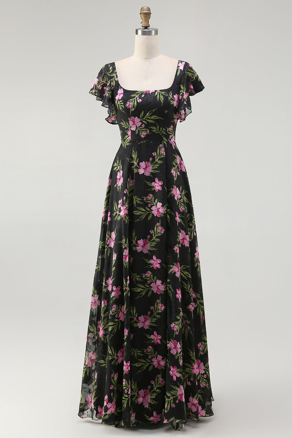 Svart Rosa Blommig En linje Fyrkantig hals Korta ärmar Brudtärna Klänning