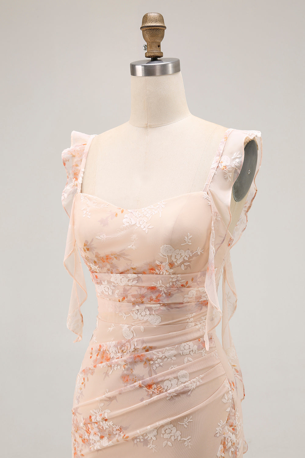 Champagne Blommig Slida Lång Brudtärna Klänning Med Slits