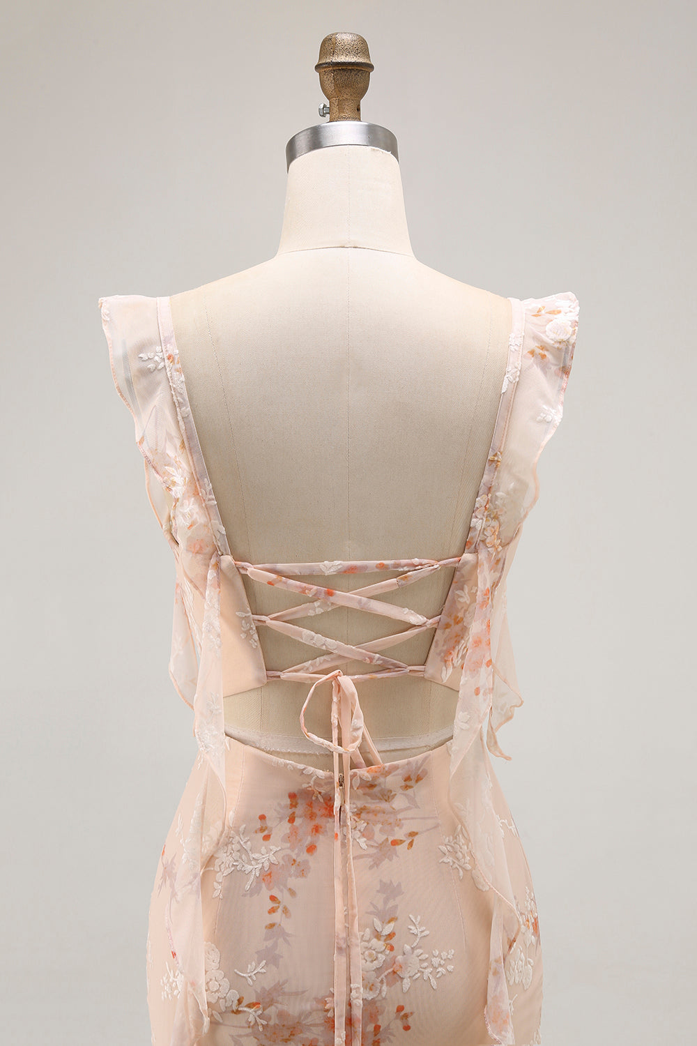 Champagne Blommig Slida Lång Brudtärna Klänning Med Slits