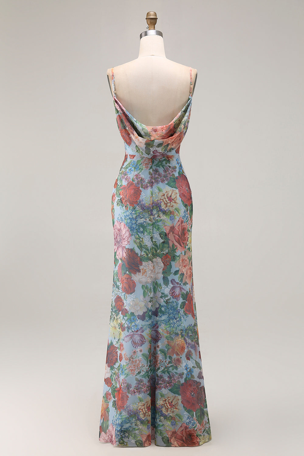 Blå Tryckt Slida Spaghetti Remmar Brudtärna Klänning Med Slits