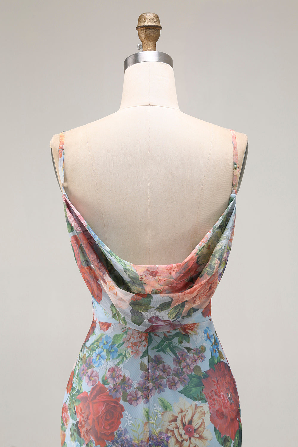 Blå Tryckt Slida Spaghetti Remmar Brudtärna Klänning Med Slits