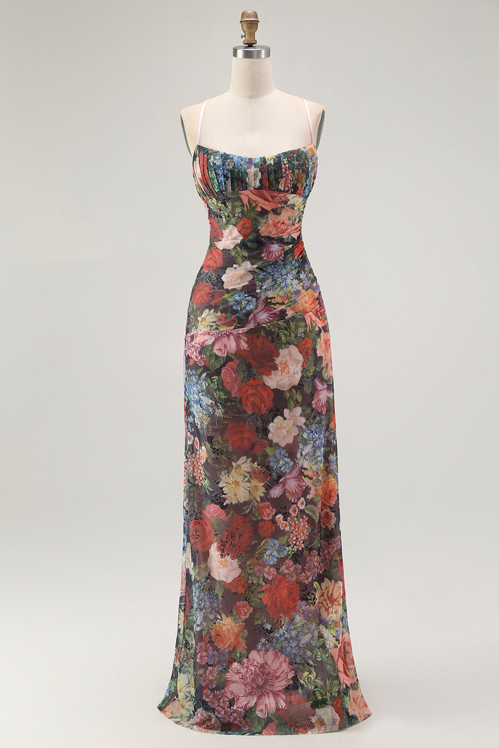 Slida Spaghetti Remmar Blommig Rynkad Bröllop Gäst Klänning Med Snörning Upp Tillbaka