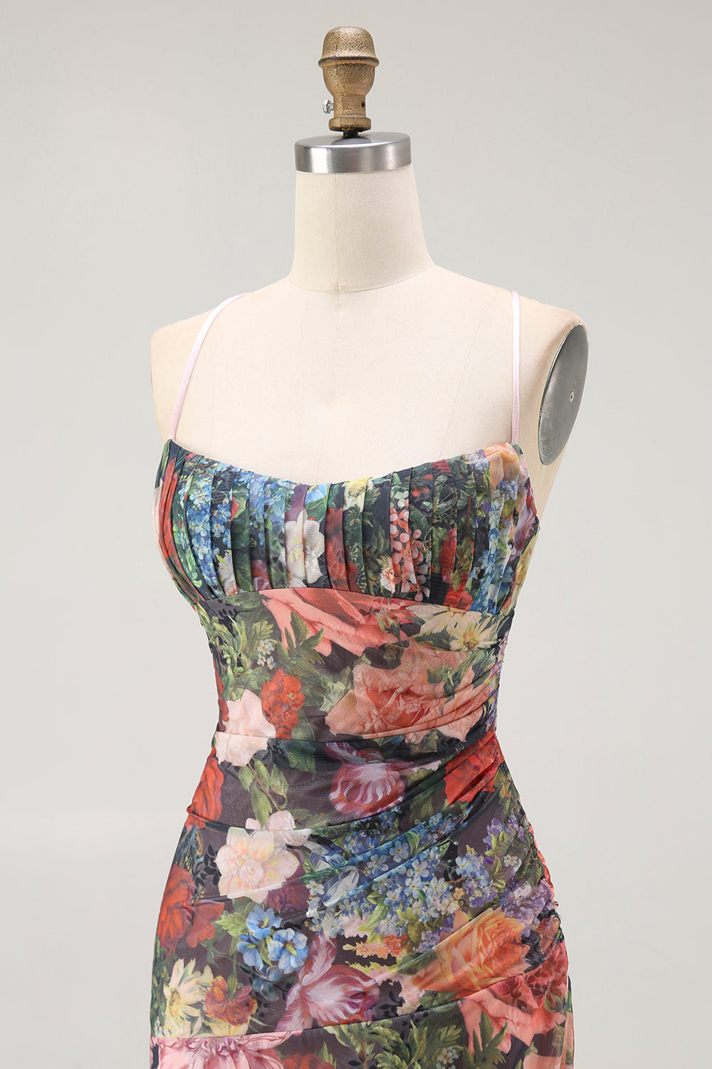 Slida Spaghetti Remmar Blommig Rynkad Bröllop Gäst Klänning Med Snörning Upp Tillbaka