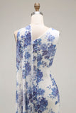 One Shoulder Blue Floral Sheath Bridesmaid Dress With Shawl