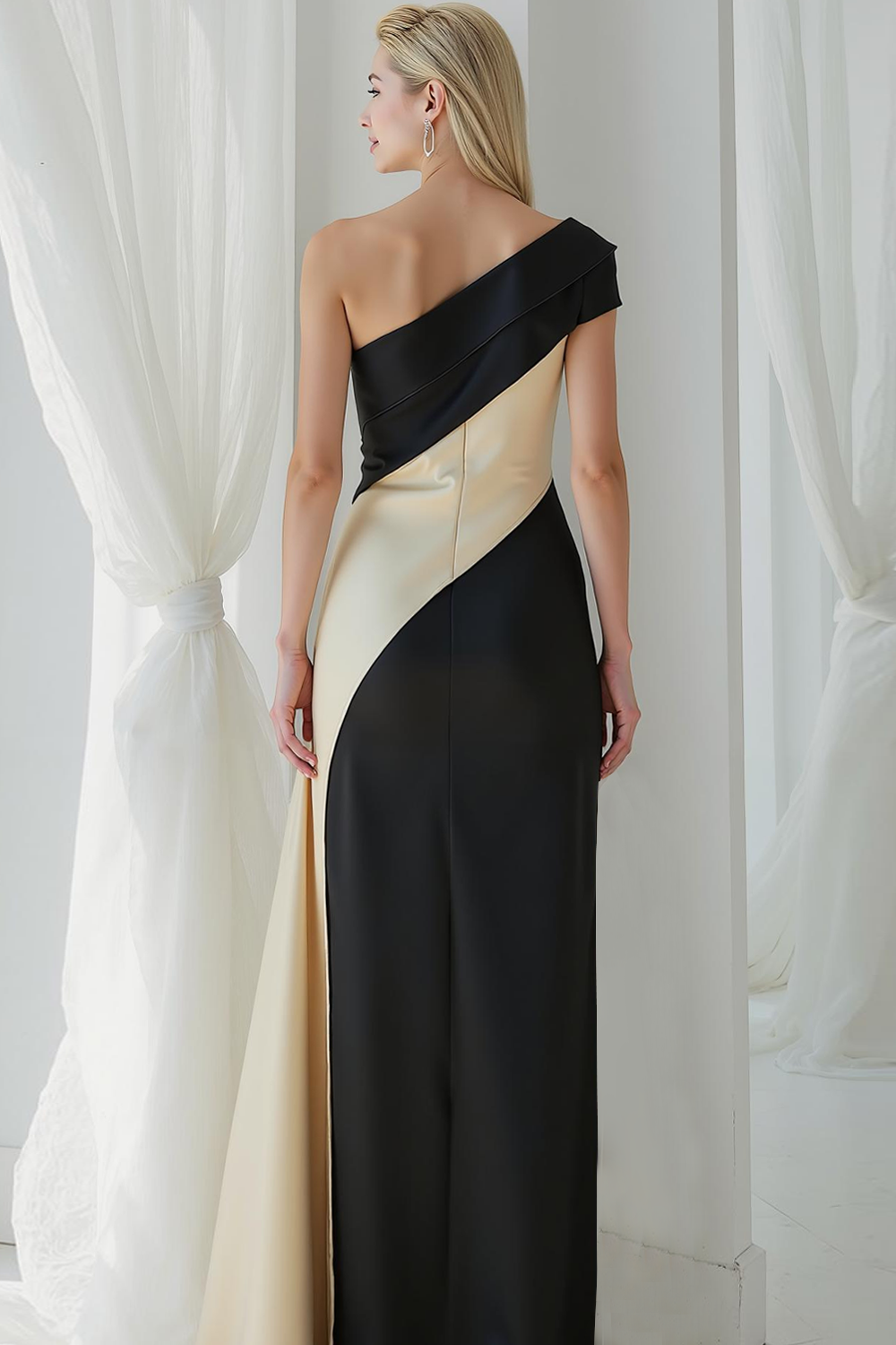 Svart och vit Ena Axeln Satin Slida Aftonklänning