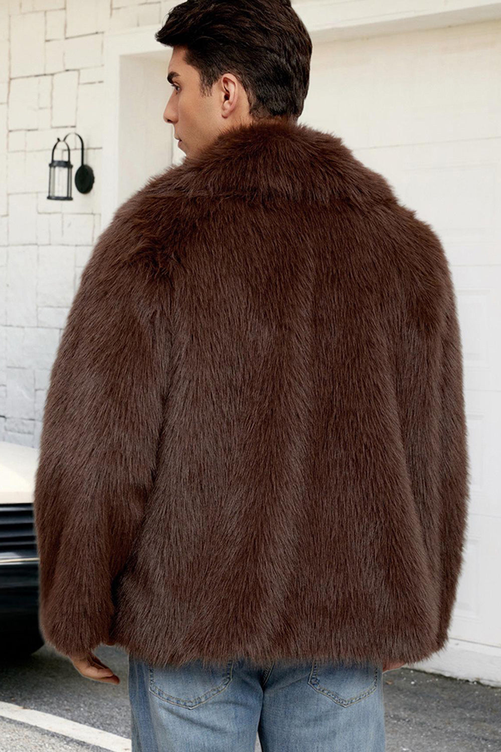 Svart Fluffig Fuskpäls Kort Vinter Mäns Kappa