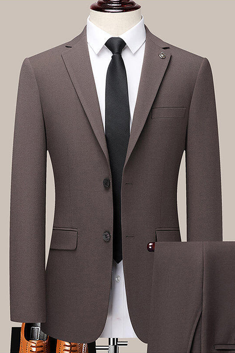 Coffee Notched Lapel Enkelknäppt Slim Fit Kostym
