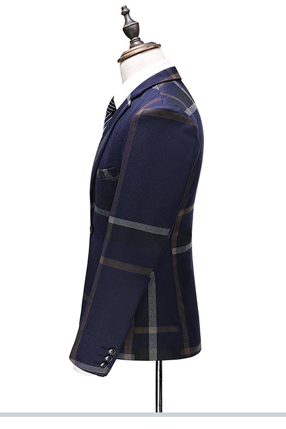 Mörkblå Notched Kavajslag Rutig 3-Delad Män Kostymer