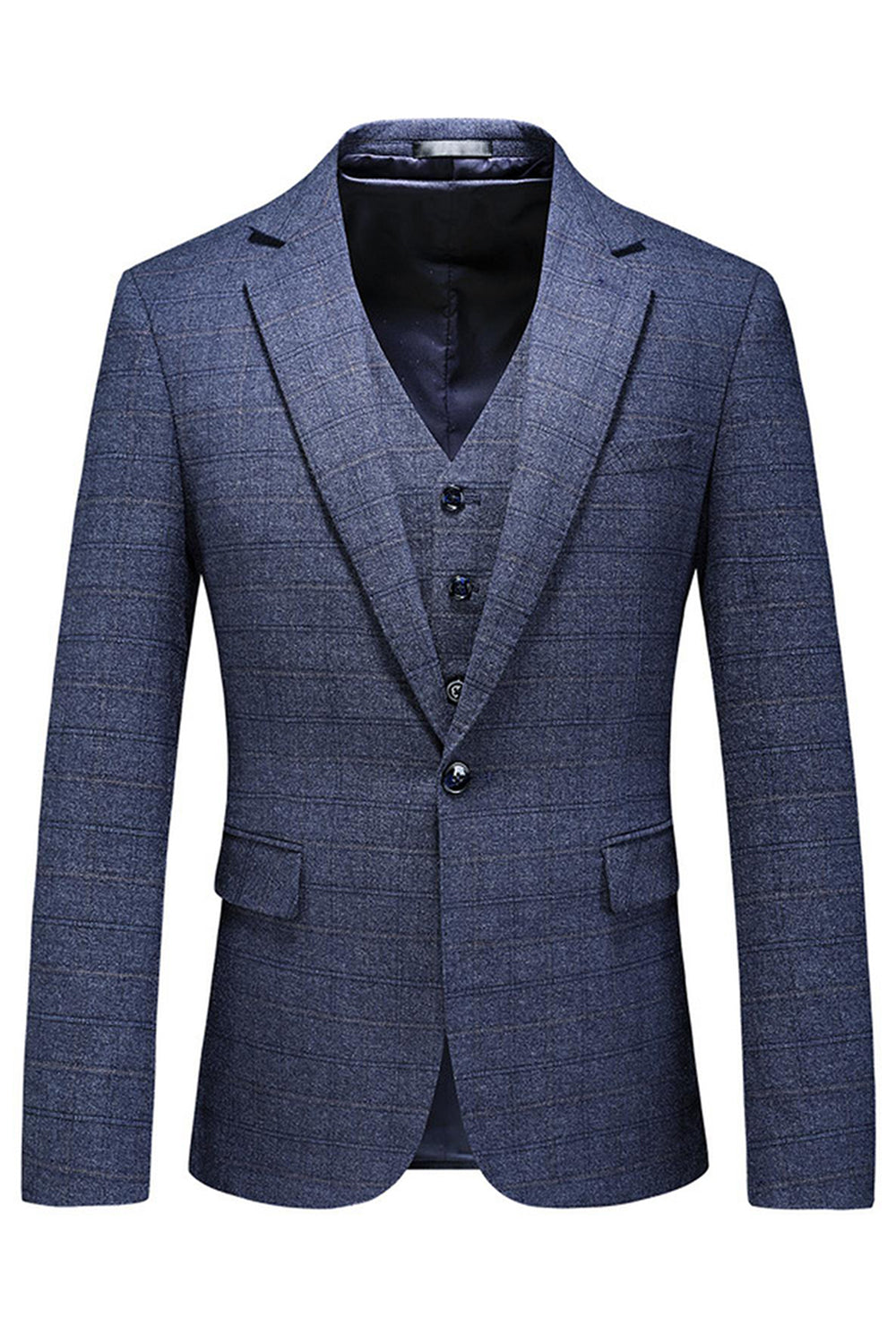 Mäns mörkblå rutiga skårade slag 3 stycken baldräkter