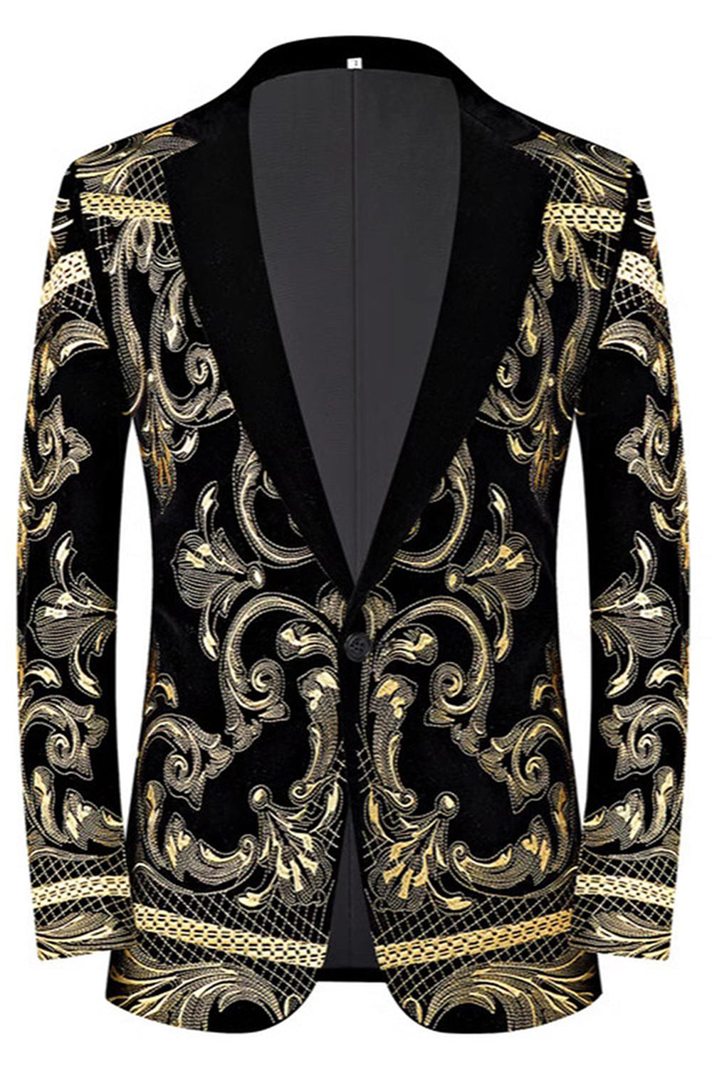 Mäns gyllene jacquard 2-delad skårad kavajslag baldräkter