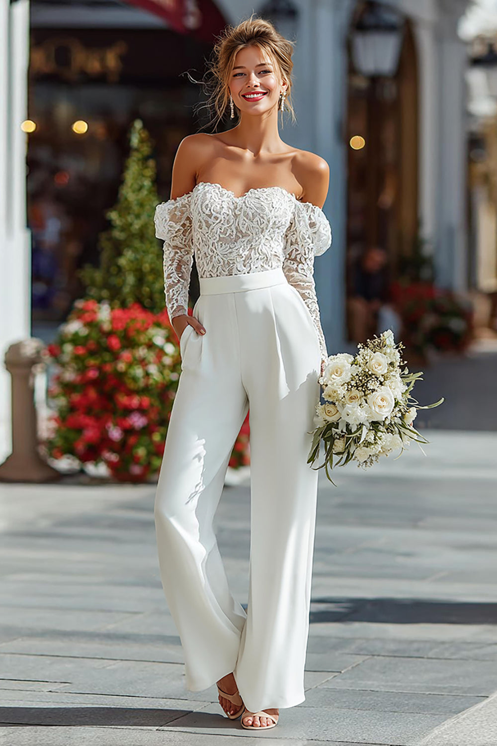 Lace White Off The Shoulder Bridal Jumpsuits med fickor