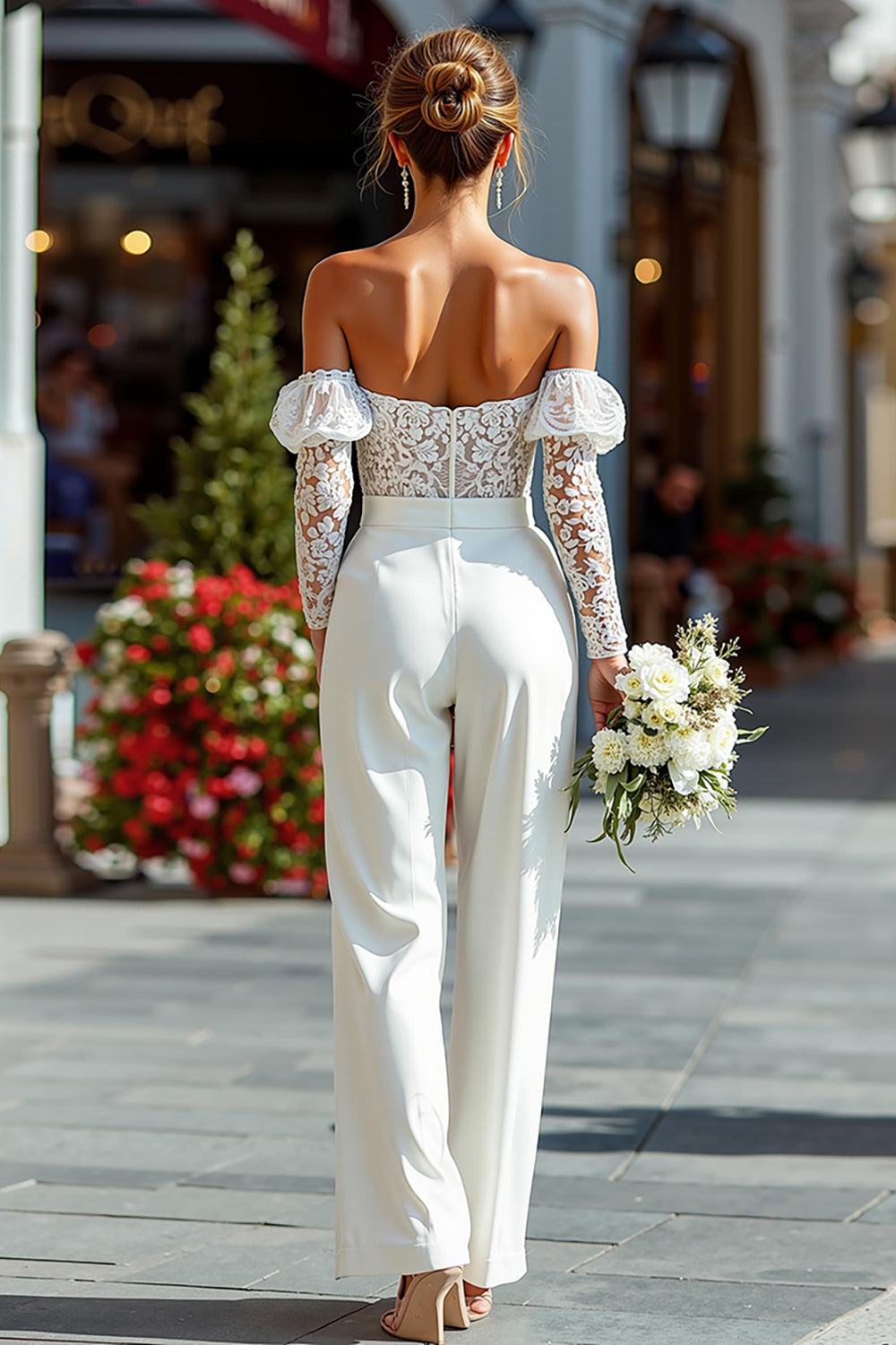 Lace White Off The Shoulder Bridal Jumpsuits med fickor