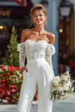 Lace White Off The Shoulder Bridal Jumpsuits med fickor