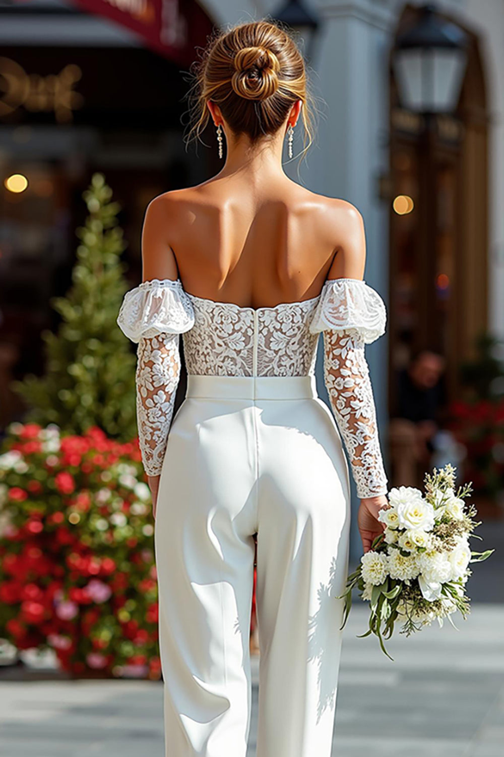 Lace White Off The Shoulder Bridal Jumpsuits med fickor