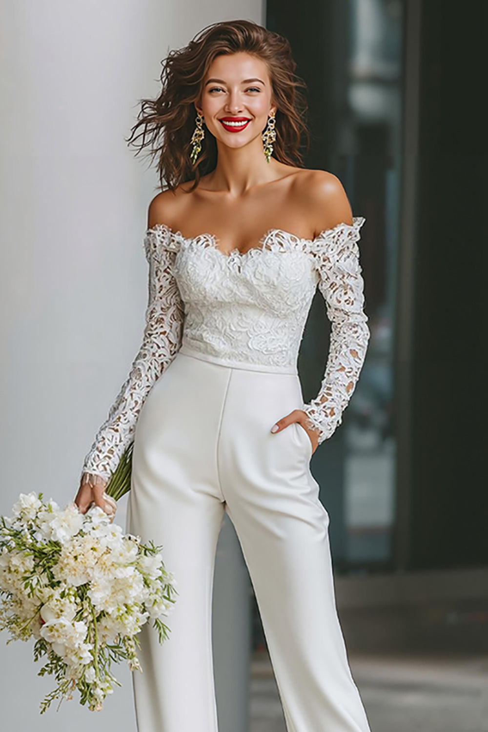 Vit Off The Shoulder Lace Bridal Jumpsuits med fickor