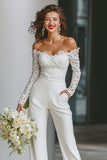 Vit Off The Shoulder Lace Bridal Jumpsuits med fickor