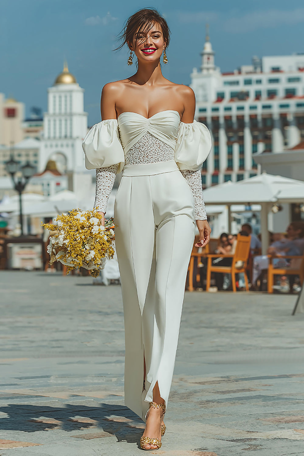 Off The Shoulder Rynkade Vita Spetsar Bröllop Jumpsuits