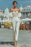 Off The Shoulder Rynkade Vita Spetsar Bröllop Jumpsuits