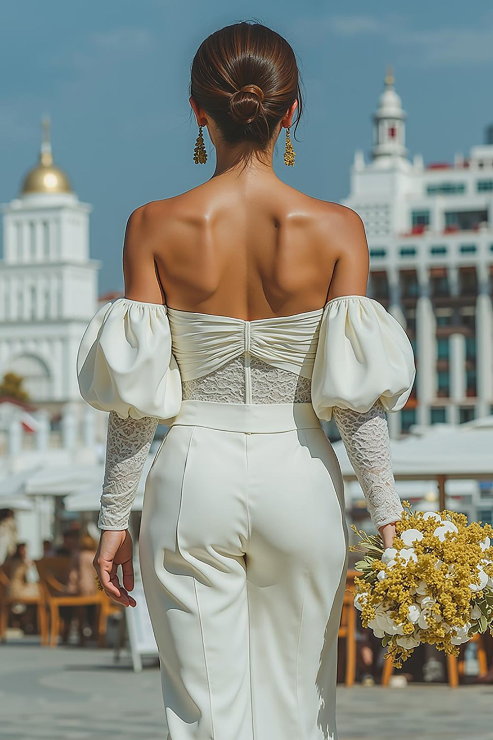 Off The Shoulder Rynkade Vita Spetsar Bröllop Jumpsuits