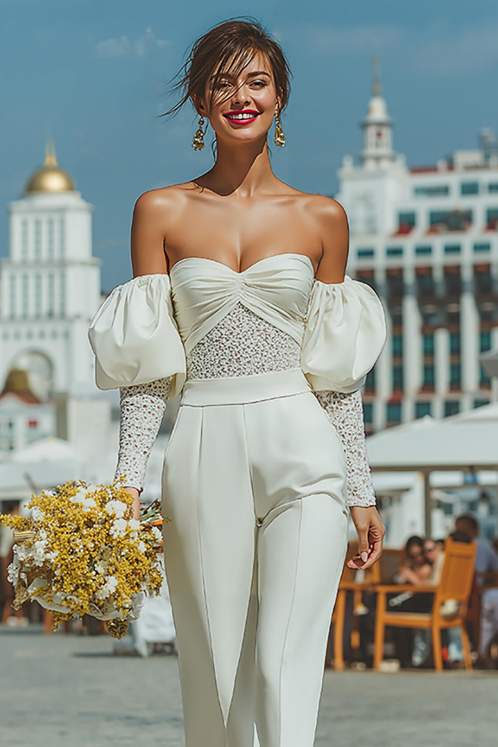 Off The Shoulder Rynkade Vita Spetsar Bröllop Jumpsuits