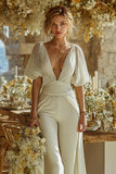 Elfenben Rynkad Kortärmad V-hals Bröllop Jumpsuits