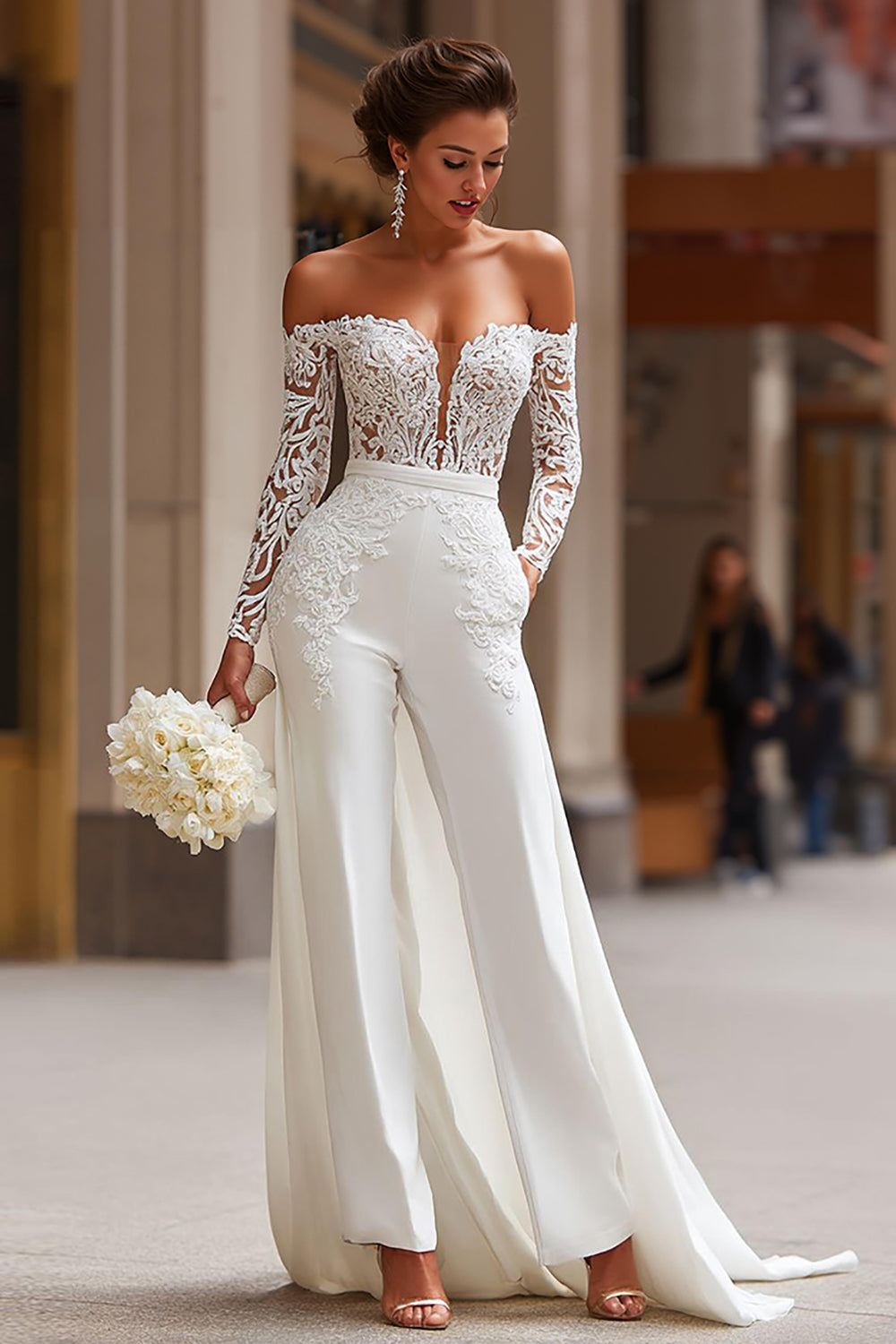 Vita Off The Shoulder Appliqued Bridal Jumpsuits med fickor