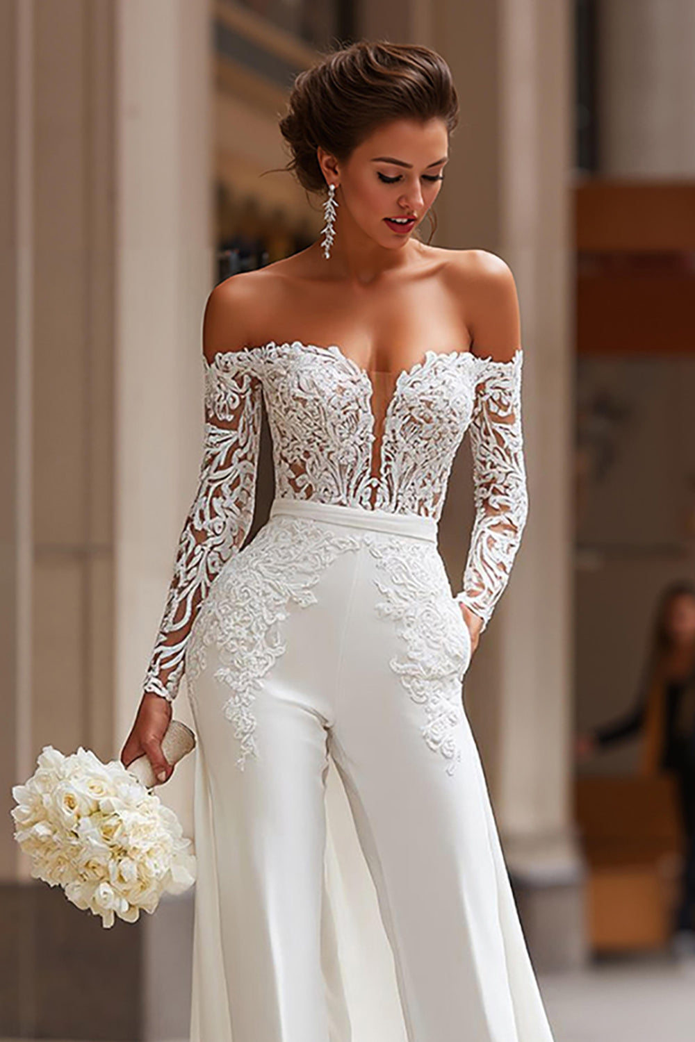 Vita Off The Shoulder Appliqued Bridal Jumpsuits med fickor