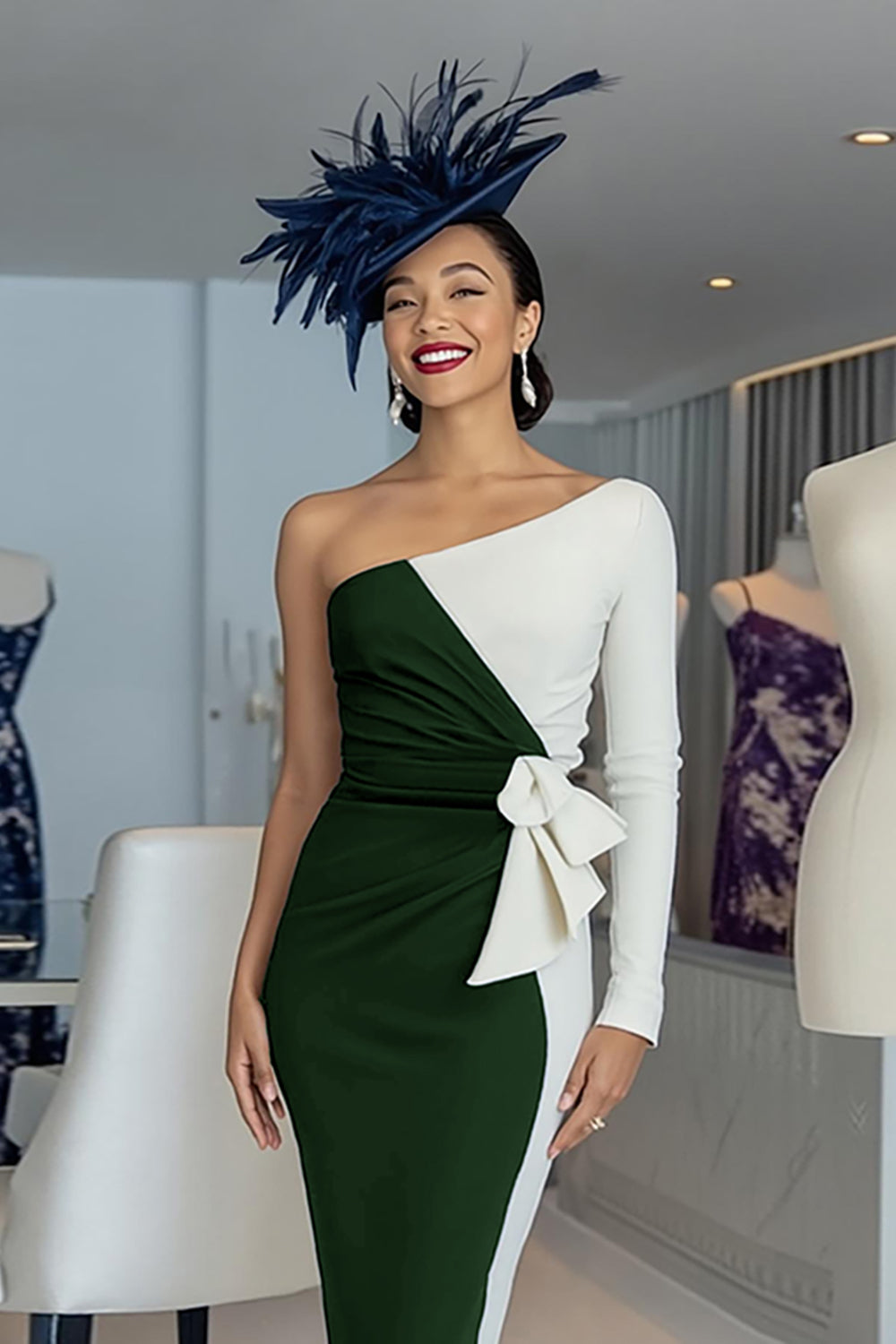 Svart Och Vit Fodral Ena Axeln Midi Klänning För Brudens Mor