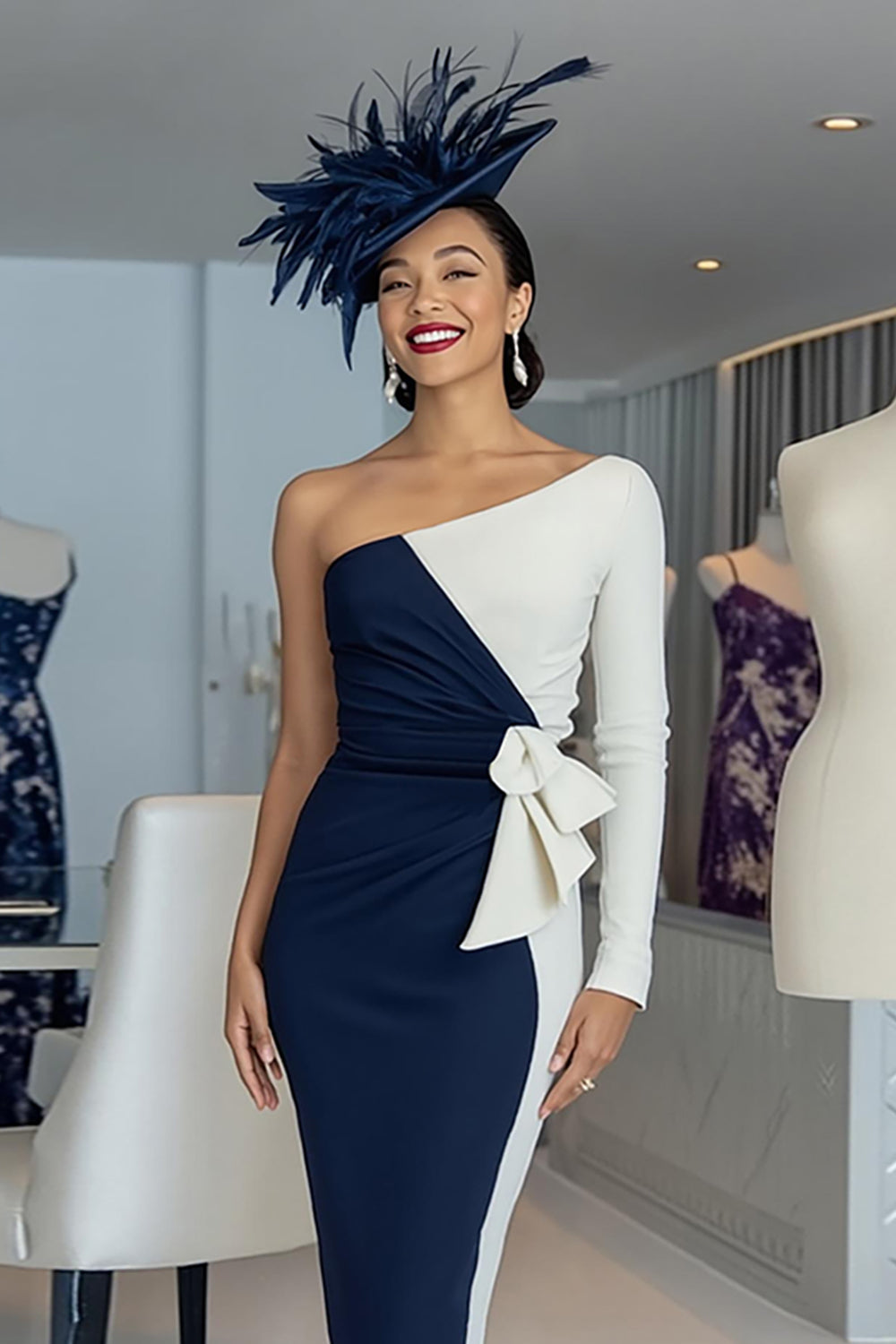 Svart Och Vit Fodral Ena Axeln Midi Klänning För Brudens Mor