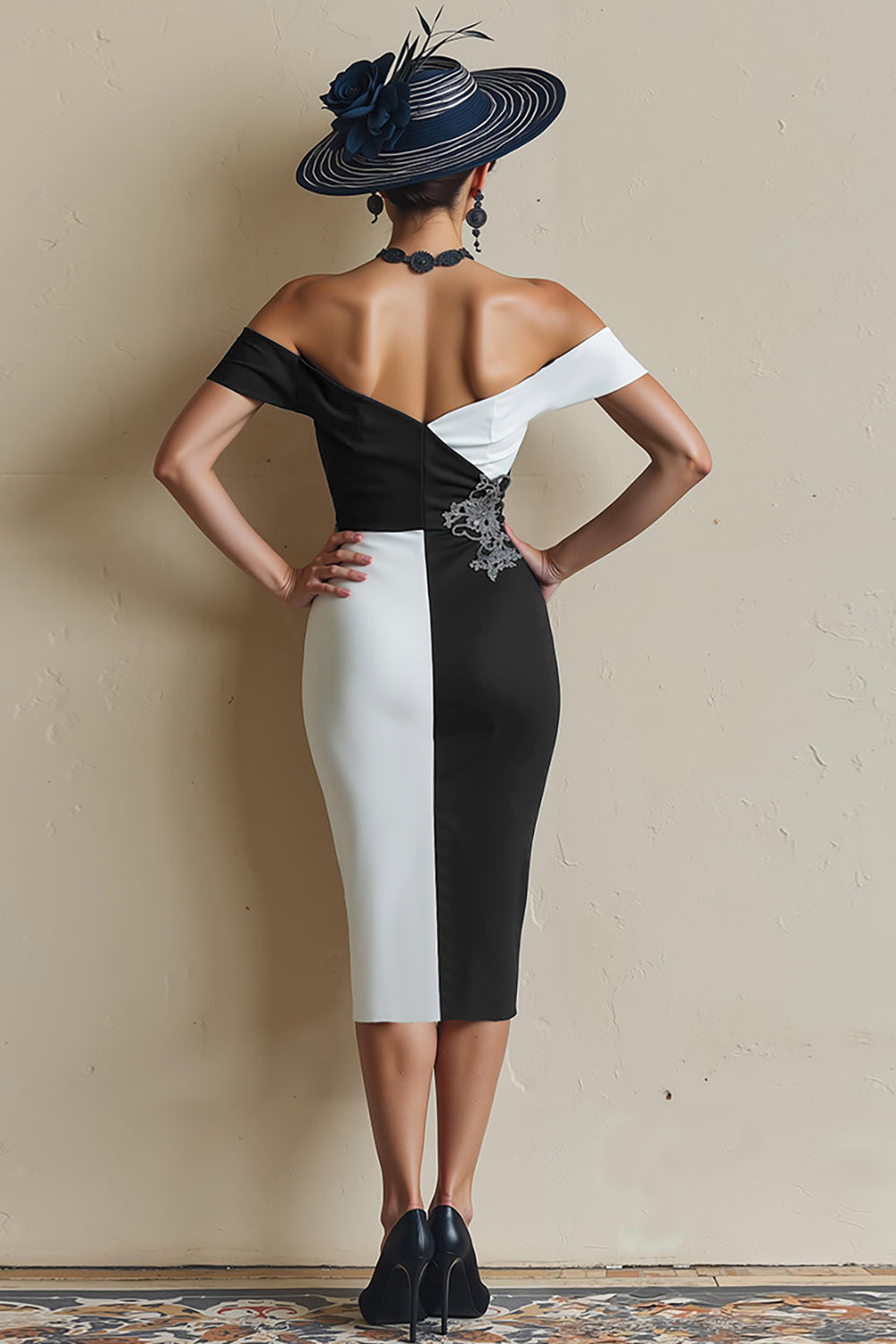Svart Och Vit Off The Shoulder Bodycon Midi Klänning För Brudens Mor Med Slits