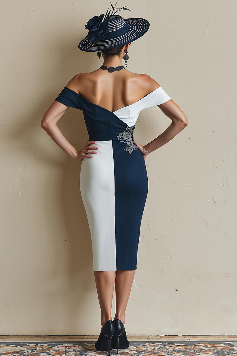 Svart Och Vit Off The Shoulder Bodycon Midi Klänning För Brudens Mor Med Slits