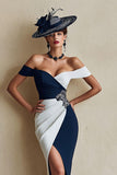 Svart Och Vit Off The Shoulder Bodycon Midi Klänning För Brudens Mor Med Slits
