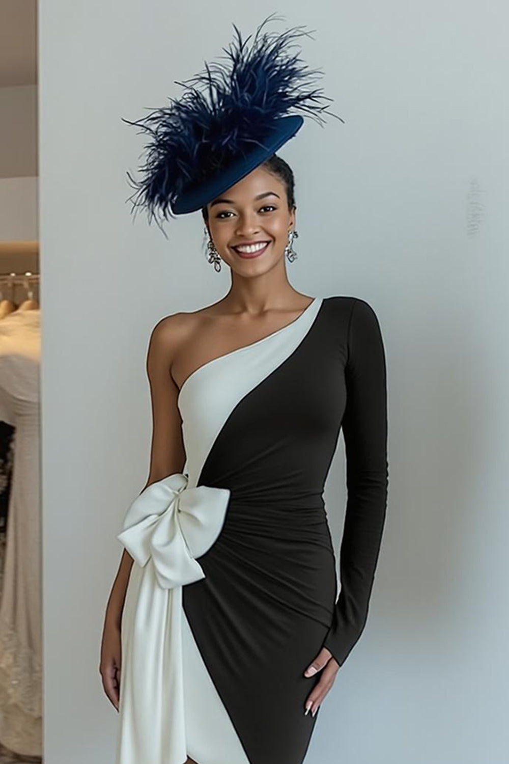 Svart Bodycon One Shoulder Midi Klänning för Brudens Mor med Rosett