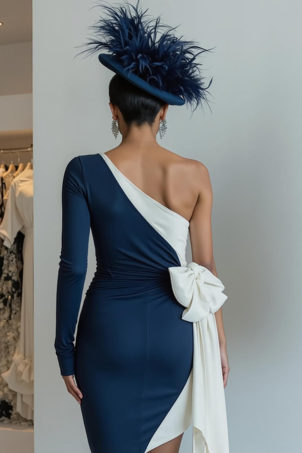 Svart Bodycon One Shoulder Midi Klänning för Brudens Mor med Rosett