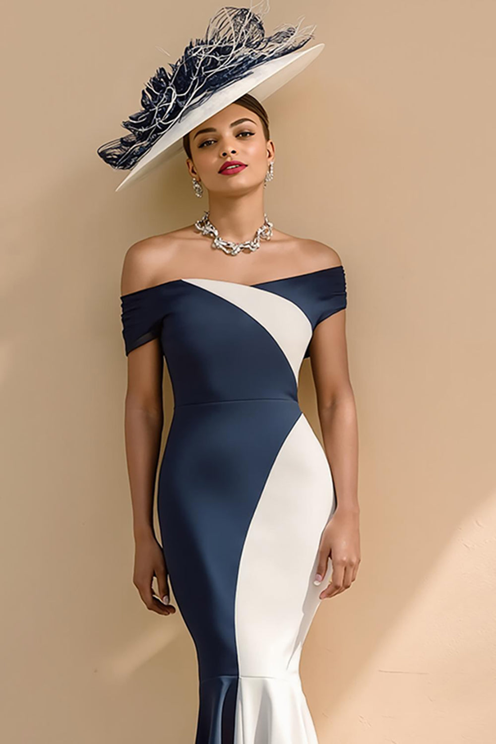 Svart och vit satin sjöjungfru från axeln lång mor till bruden klänning