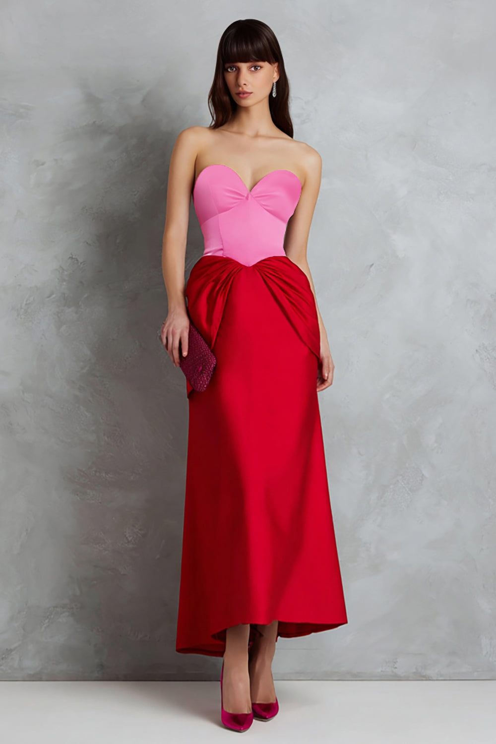 Röd och Fuchsia Satin Sweetheart Sheath Midi Formell Klänning