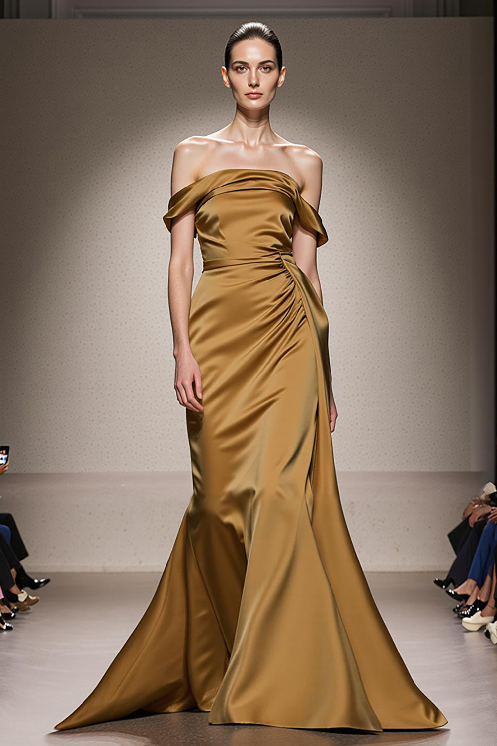 Gul Sjöjungfru Satäng Av Axeln Lång Formell Klänning