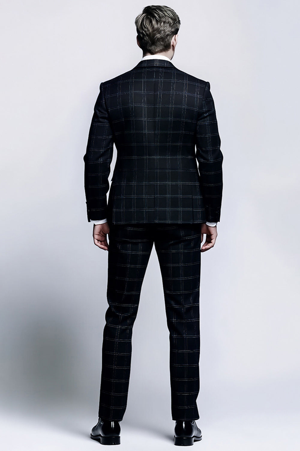 Mix Svart Rutnät 2-delad Slim Fit Notched Kavajslag Män Formella kostymer