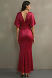 Fuchsia Satin Mermaid V-ringad Lång Formell Klänning