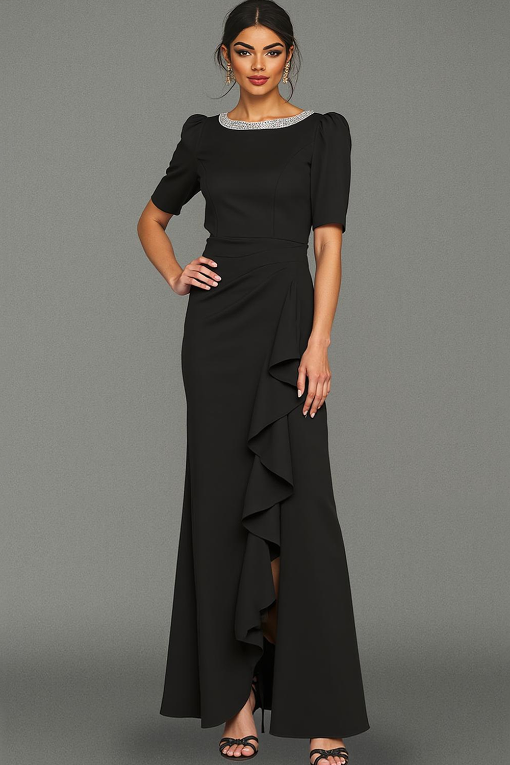 Glittrande Svart Sjöjungfru Volang Lång Formell Klänning Med Slits