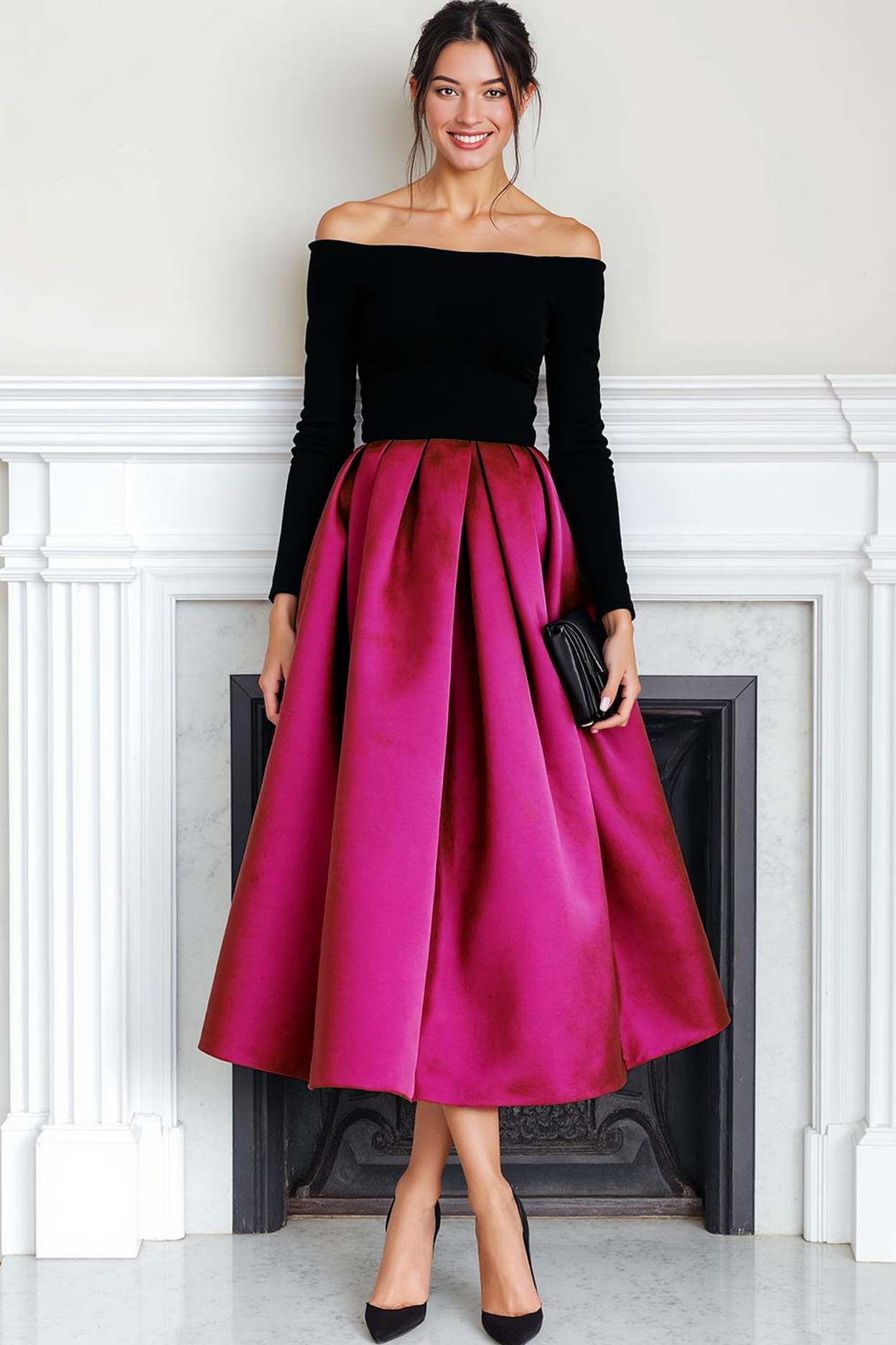 Fuchsia Svart Sammet Off The Shoulder Lång Aftonklänning Med Ärmar